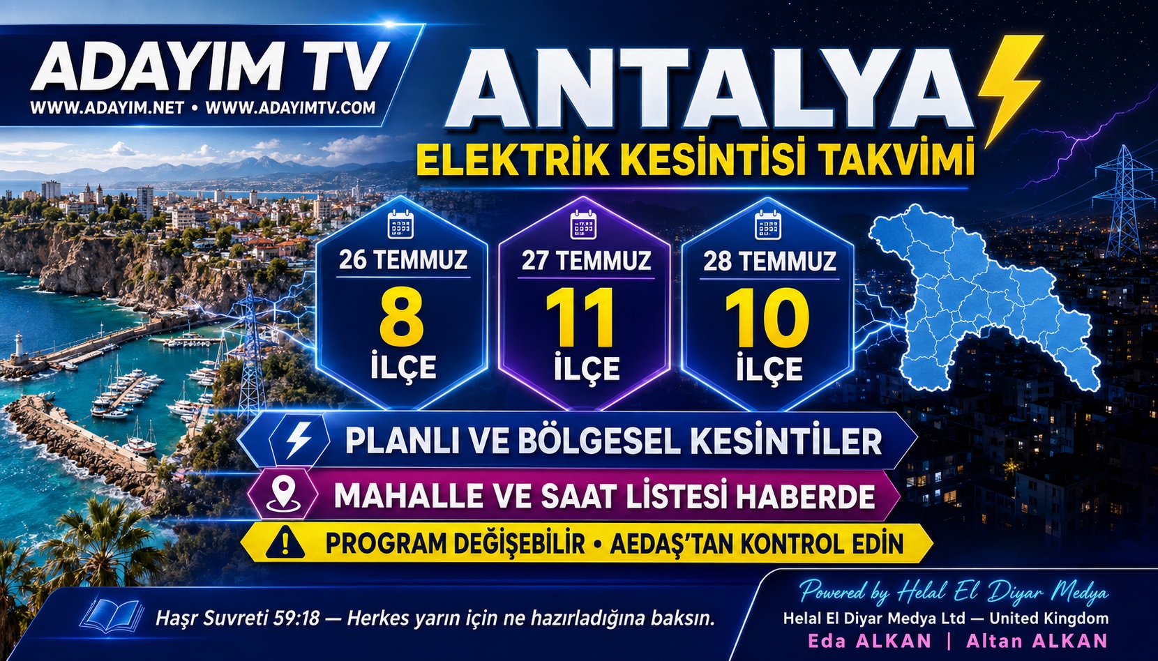 Antalya’da 3 Günlük Planlı Elektrik Kesintisi