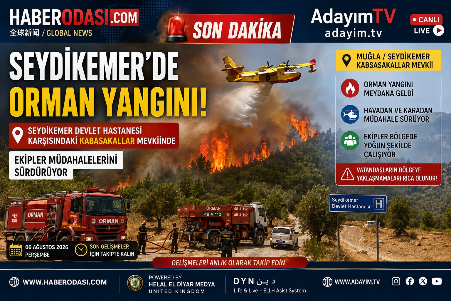🚨 SON DAKİKA  📍 Muğla | Seydikemer  Seydikemer Devlet Hastanesi karşısındaki Kabasakallar mevkiinde orman yangını çıktı.